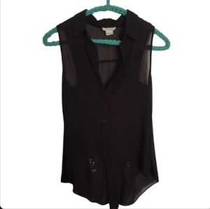 Sans Souci High Low Sheer Black Button Down Blouse Size Small